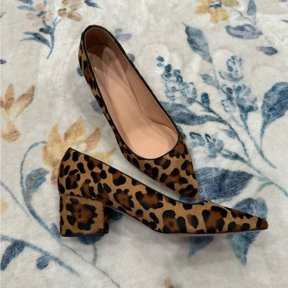 J. Crew Dyed Calf Hair Italian Leopard Print Block Heel Pumps 9 - Picture 1 of 8